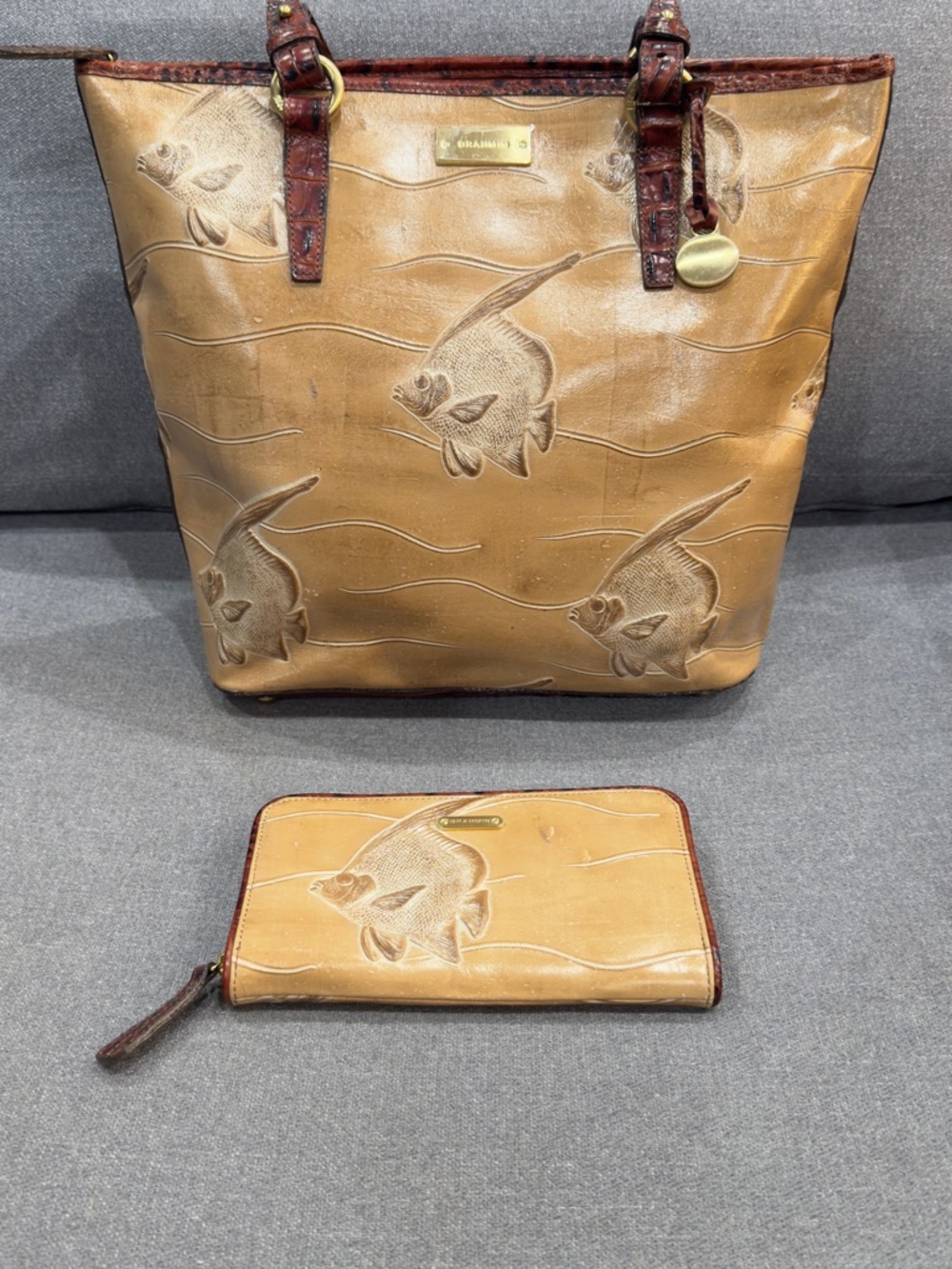 Brahmin Tan Fish-Embossed Tote with Brown Trim and Matching Wallet